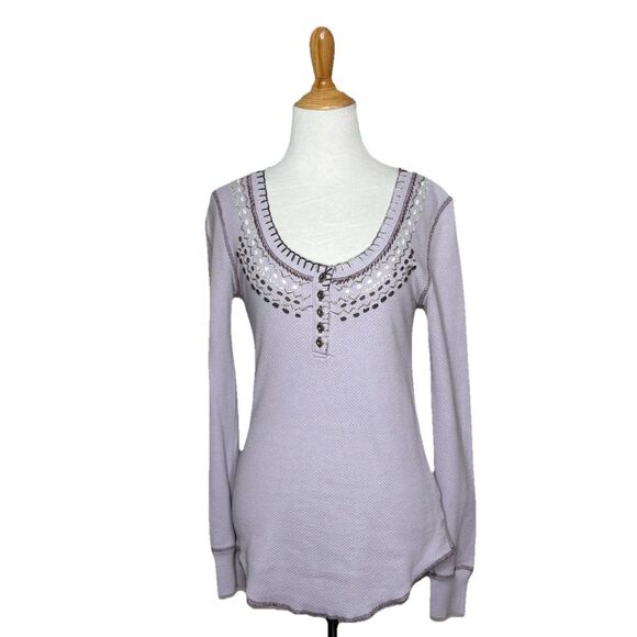 We The Free Free People Thermal Henley Fair Isle Embroidered Lavender Top M - Picture 7 of 7